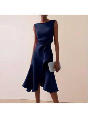 Fehaute Navy Blue Twist Waist Flutter Dress Size 6